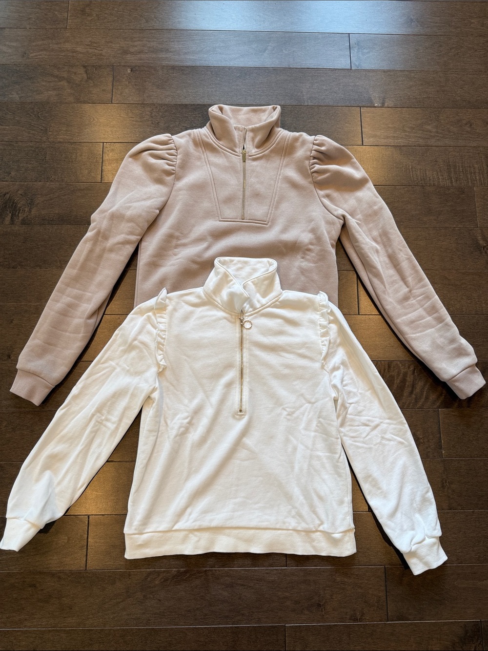 Two Puff-Sleeve Quarter-Zip Sweatshirts  - White and Light Pink